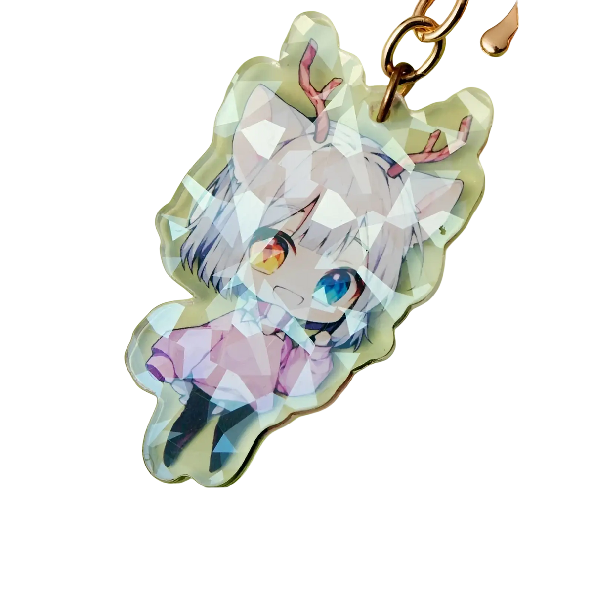 Custom acrylic anime photo keychain with a translucent diamond pattern featuring a chibi character with pink antlers and colorful eyes