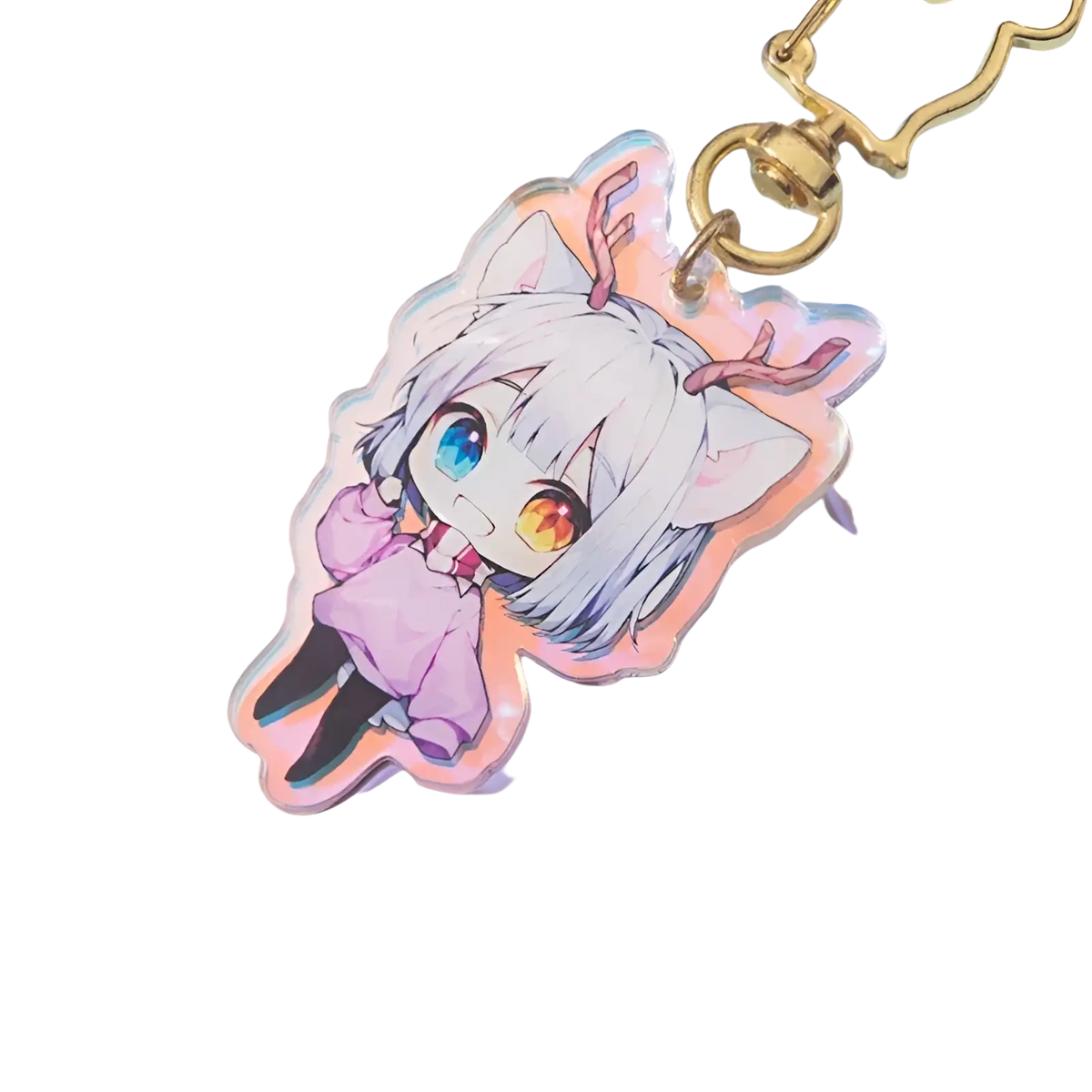 Custom acrylic anime photo keychain with translucent chibi character silver hair rainbow eyes and pink antlers charm