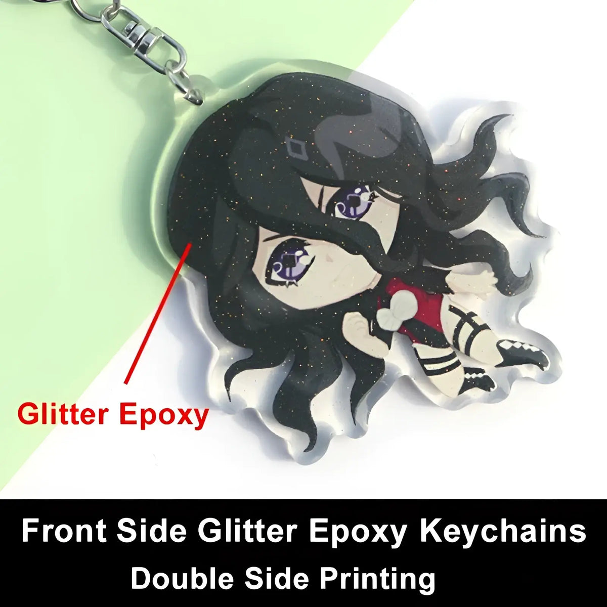 Black glitter epoxy keychain featuring a chibi anime character with long hair and purple eyes in red and white attire