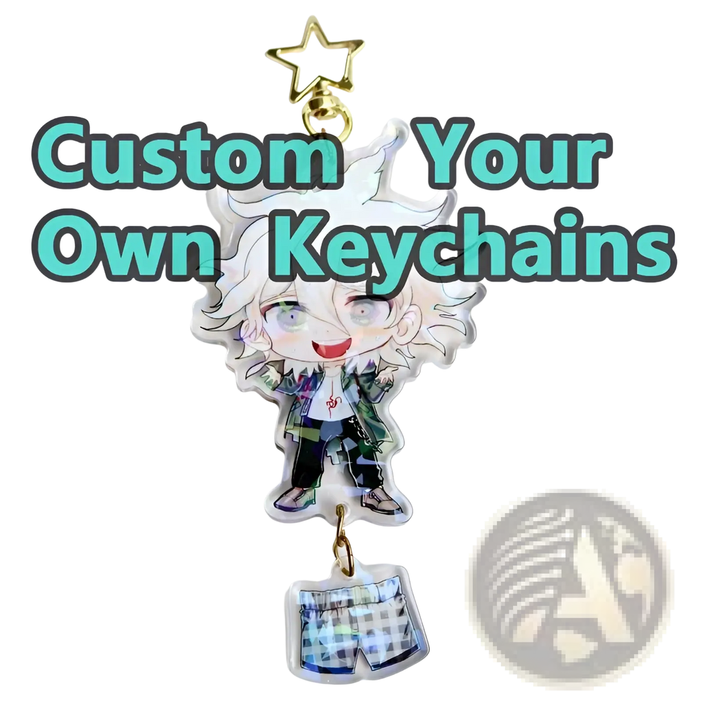 Clear acrylic keychain featuring a white-haired chibi anime character in a green plaid jacket with a gold star clasp