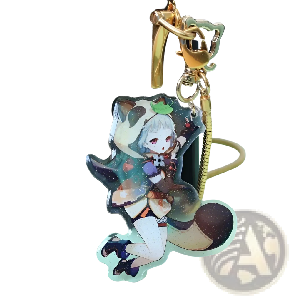 Clear acrylic custom anime photo keychain with silver hair character, green leaf, brown tail, and gold metal clasp