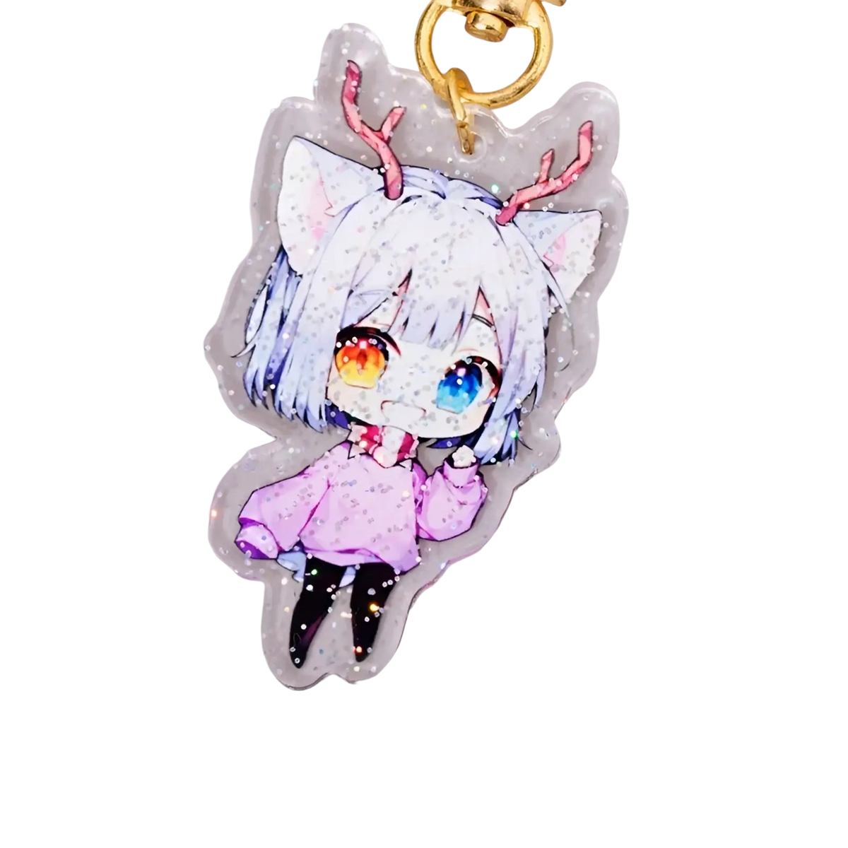 Custom acrylic anime photo keychain featuring a chibi character with white glittery hair pink antlers and rainbow eyes