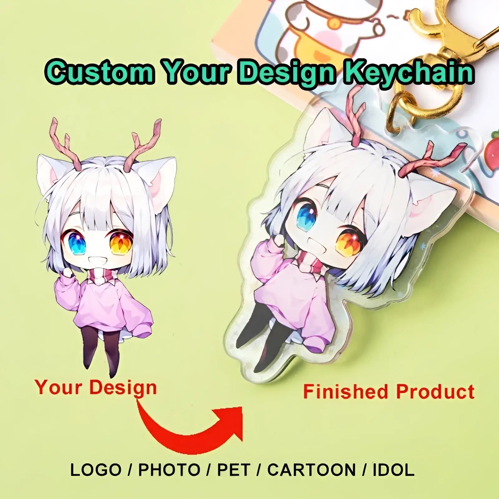 Custom acrylic anime photo keychain featuring a clear chibi-style character with white hair pink outfit and antlers