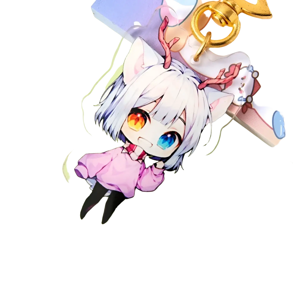 Clear acrylic keychain featuring a chibi anime character with white hair pink outfit and red antlers for personalization