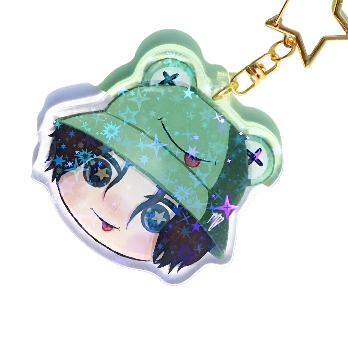 Custom acrylic anime photo keychain with green holographic star design and cartoon character charm with gold chain
