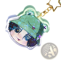 Custom acrylic anime photo keychain with green holographic star design and cartoon character charm with gold chain