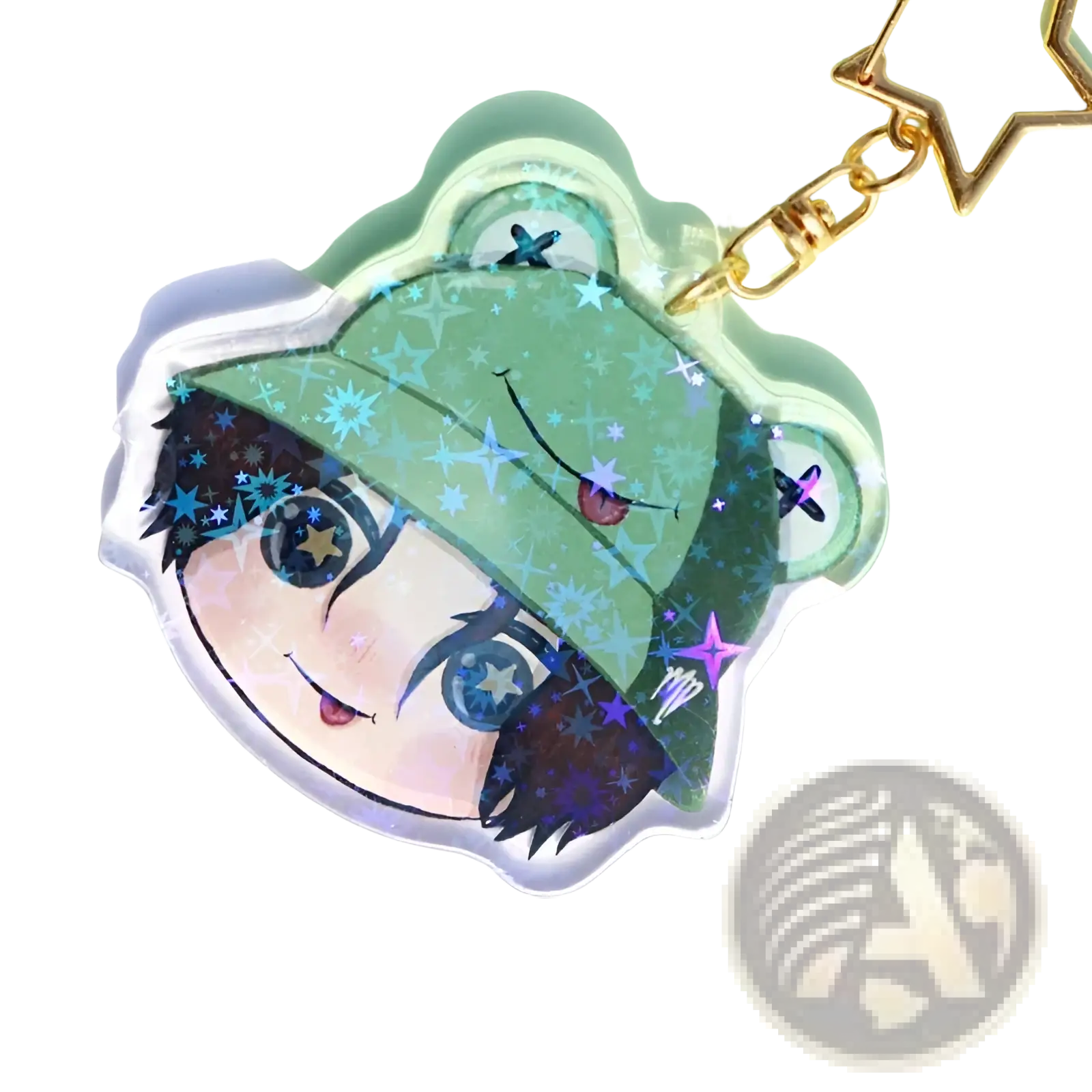 Custom acrylic anime photo keychain with green holographic star design and cartoon character charm with gold chain