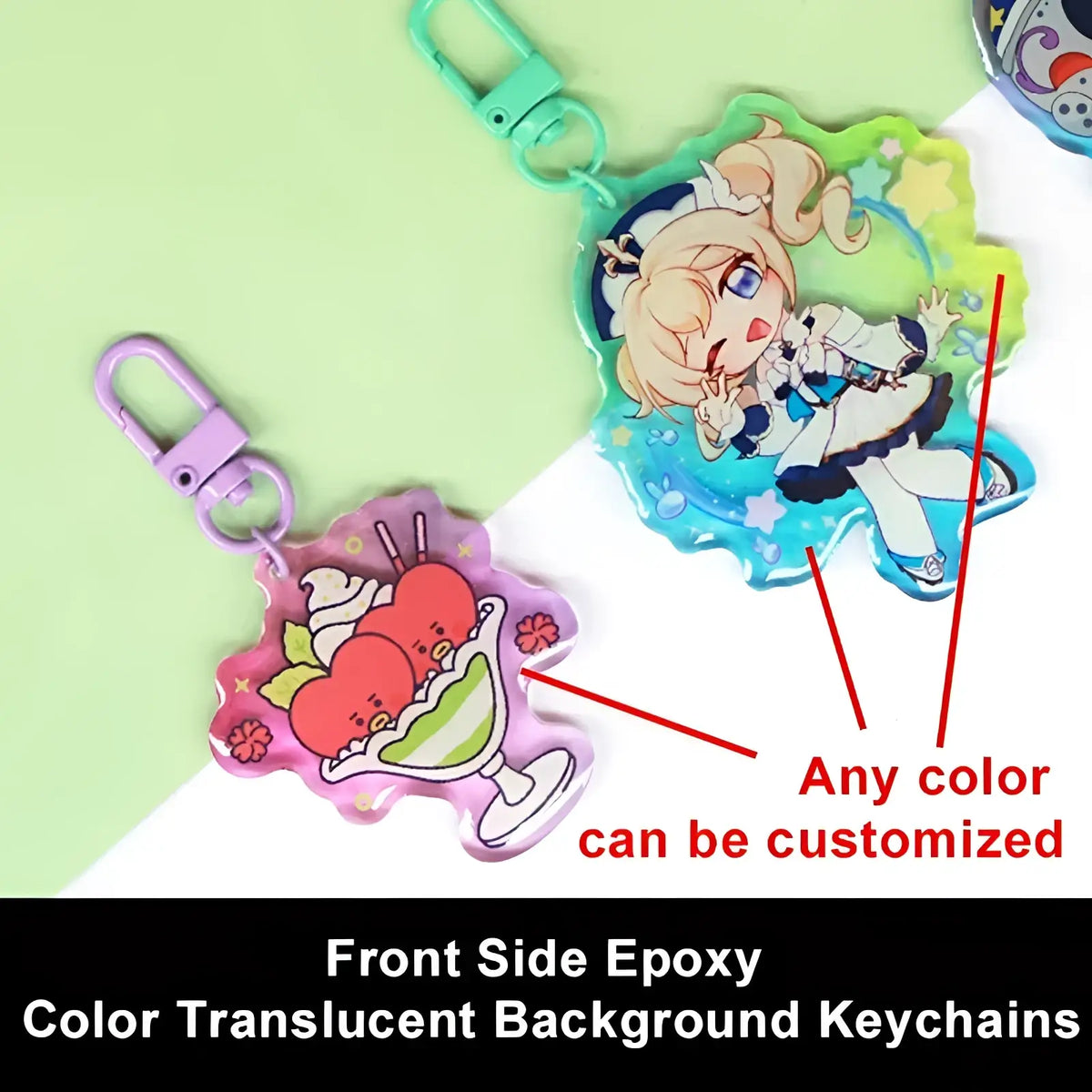 Pink translucent custom acrylic anime keychain featuring a personalized cartoon ice cream sundae charm