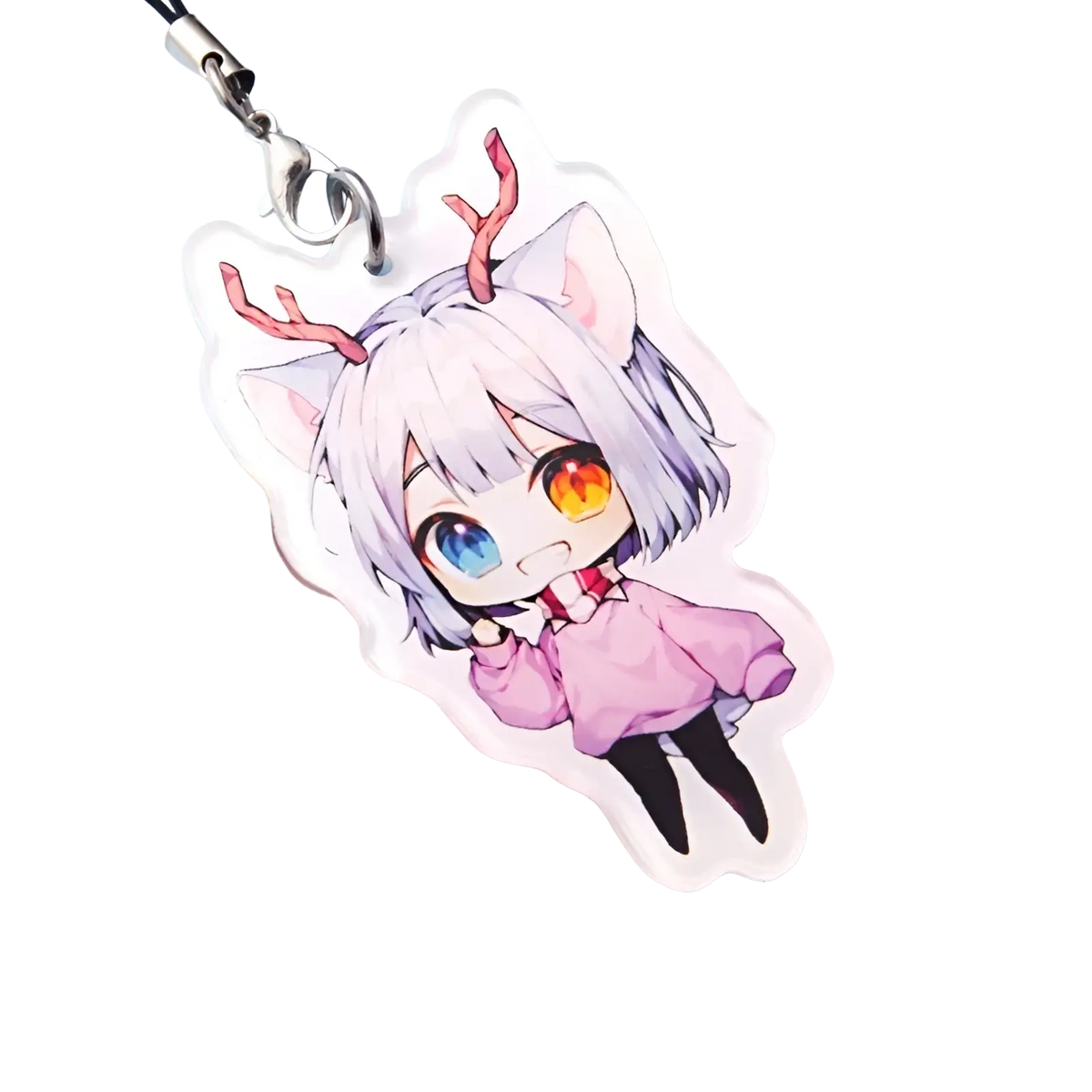 A white acrylic custom anime photo keychain featuring a chibi silver hair character with pink antlers and colorful eyes