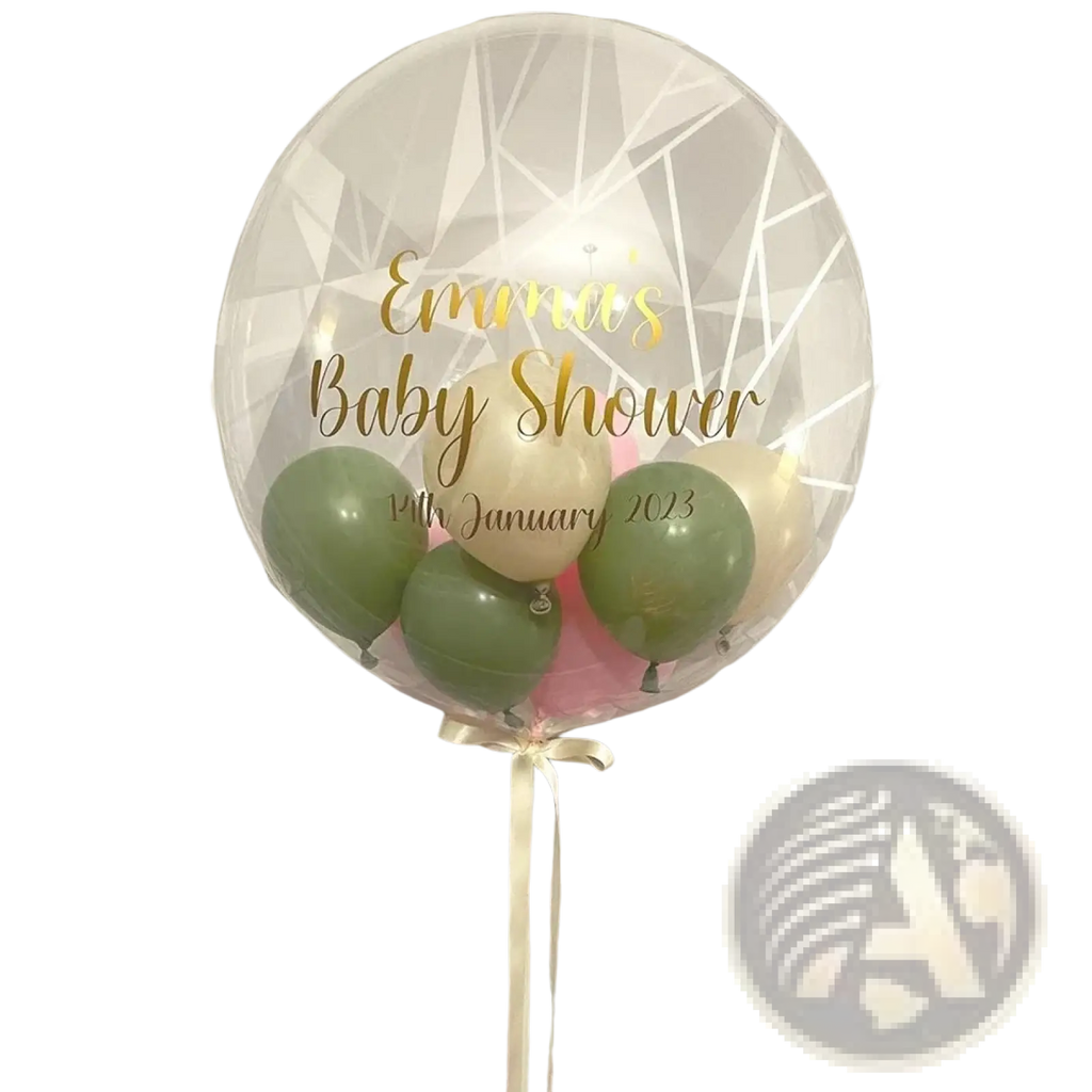 Custom baby shower balloon sticker on clear 36 inch bobo balloon with gold foil lettering and green cream pink balloons