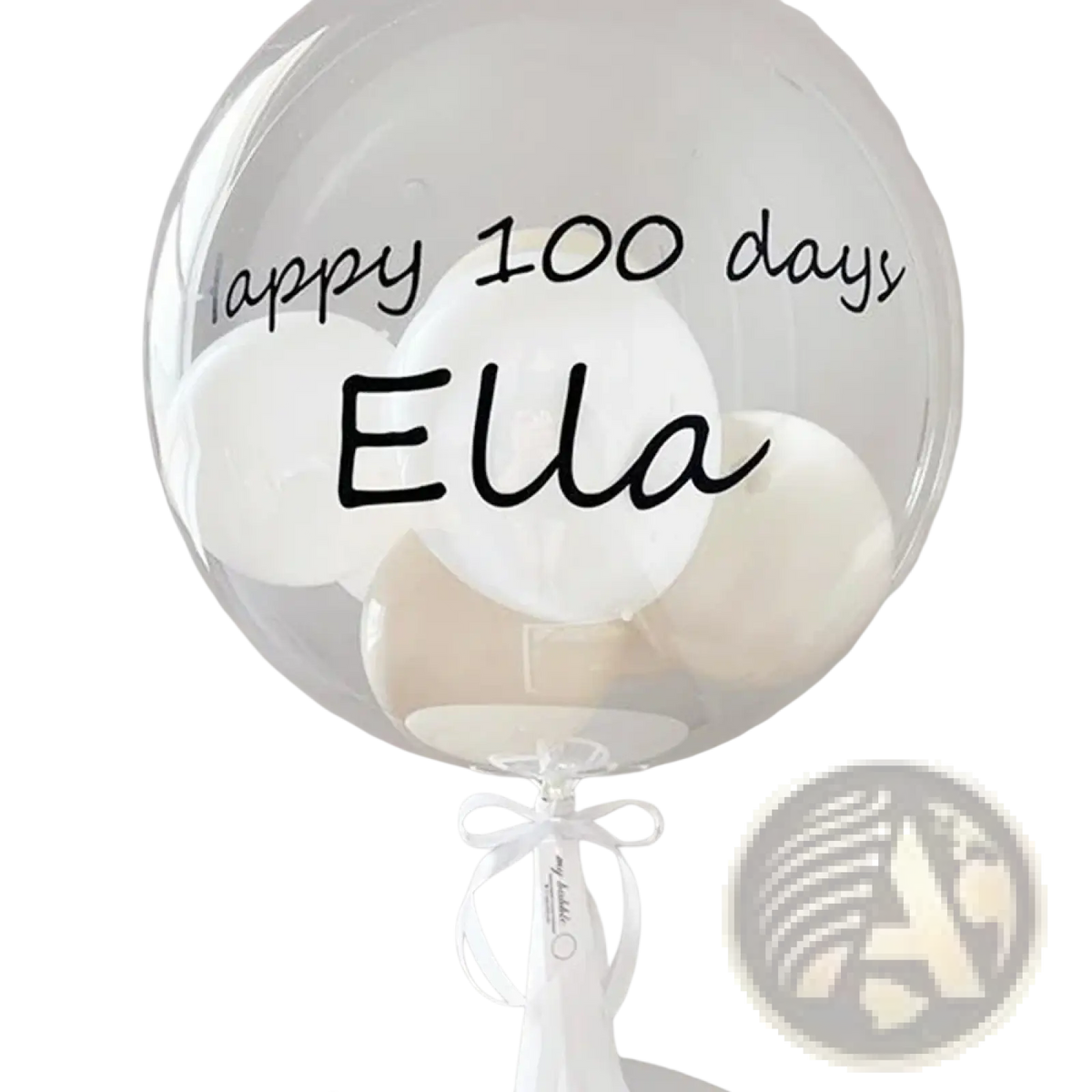 Custom baby shower balloon sticker on a clear 36 inch bobo balloon with happy 100 days Ella in black cursive