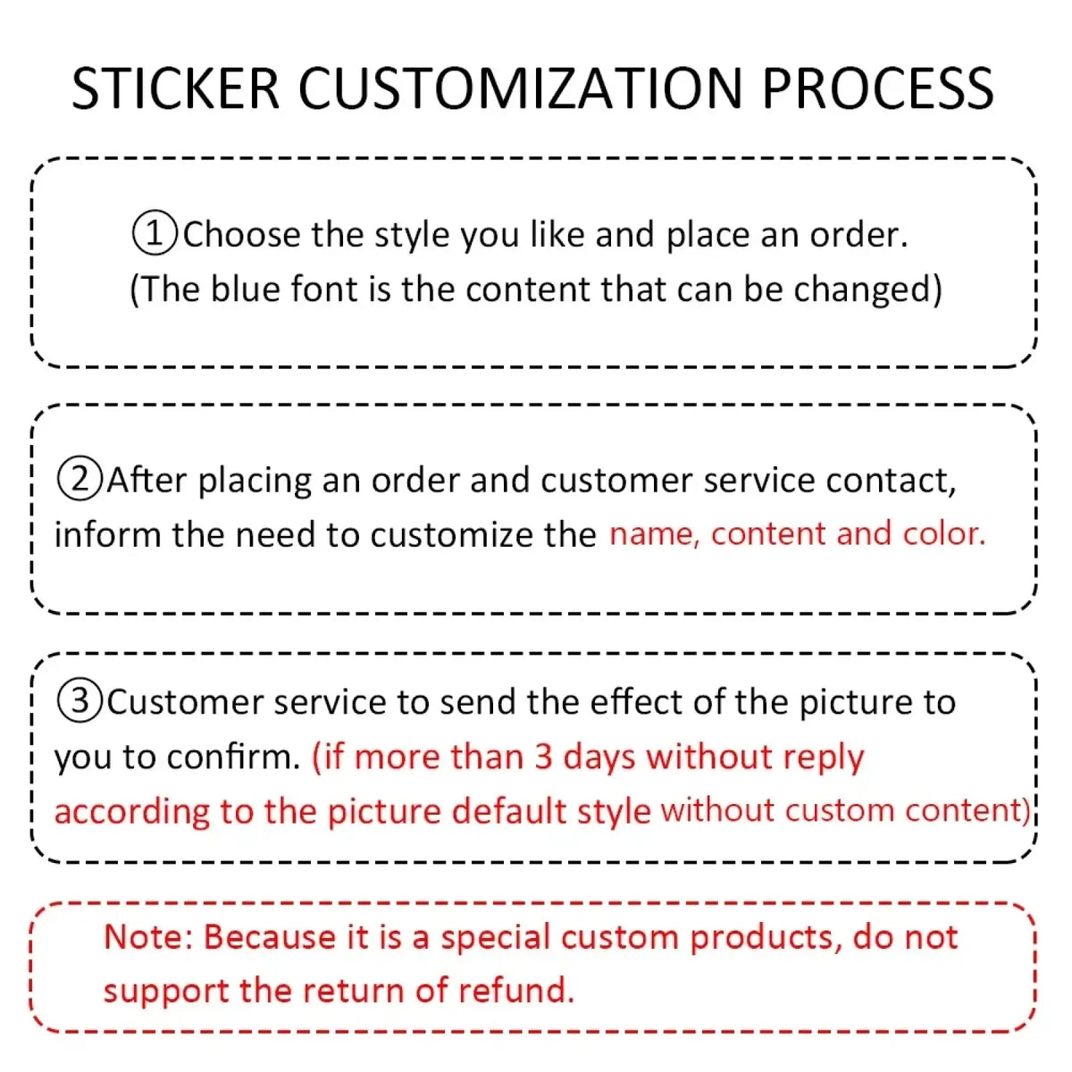 Custom baby shower balloon sticker customization guide showing style selection name color and design confirmation steps