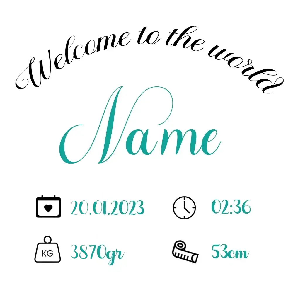 Custom baby shower balloon sticker in teal and black with customizable newborn details for 36 inch bobo balloons