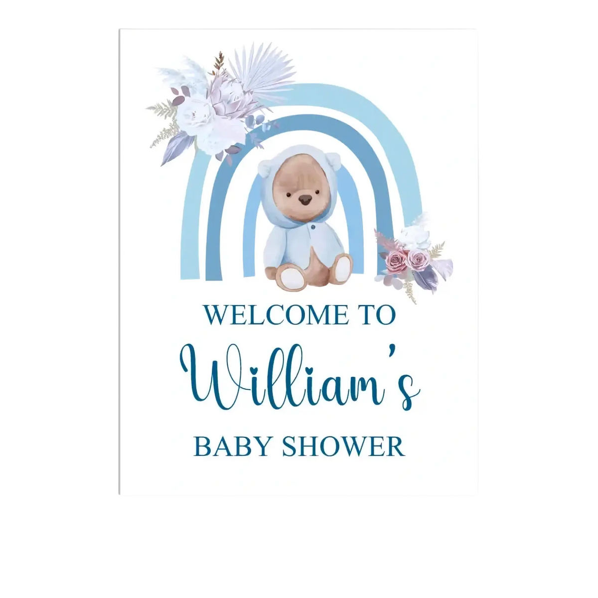 Custom baby shower welcome sign featuring soft blue and white watercolor with teddy bear and floral decor design