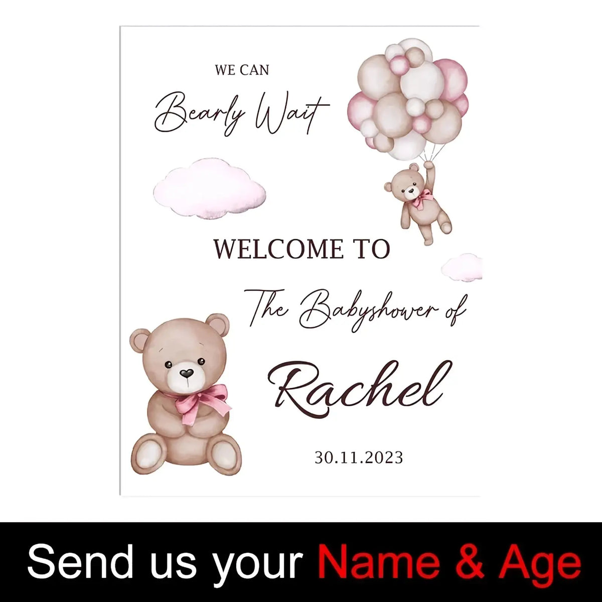 Custom baby shower welcome sign with two watercolor teddy bears on a soft white background for nursery decor