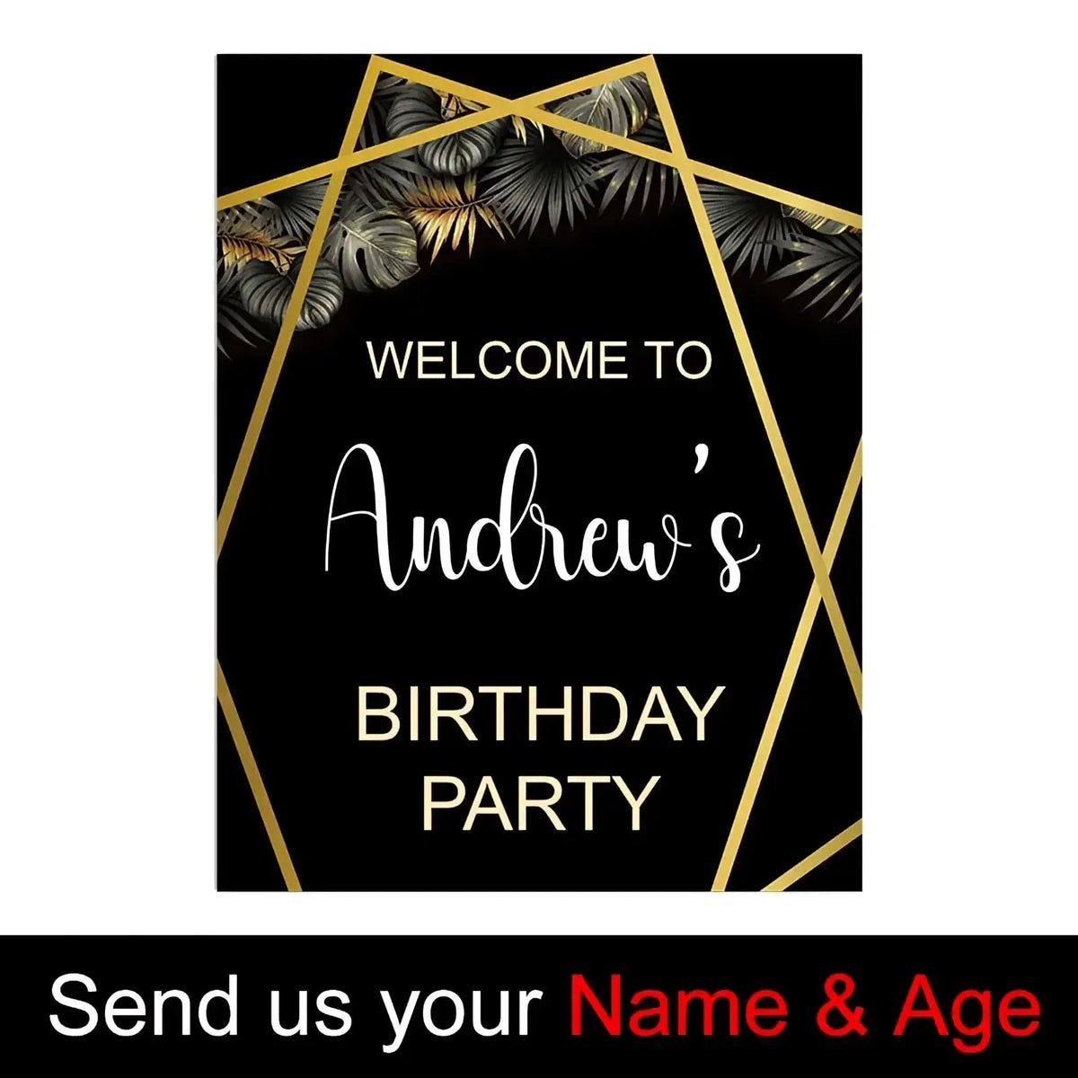 Custom baby shower welcome sign with black and gold geometric design and tropical leaf pattern for party decor
