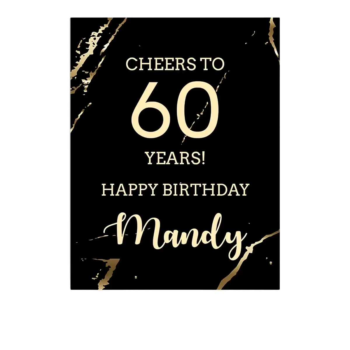 Custom baby shower welcome sign with black and gold marble birthday card featuring cheers to 60 years message