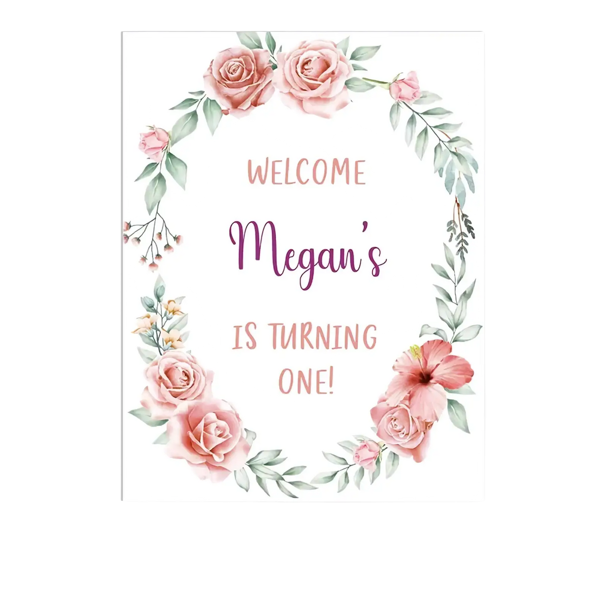 Custom baby shower welcome sign with delicate pink roses green leaves and personalized text on white background