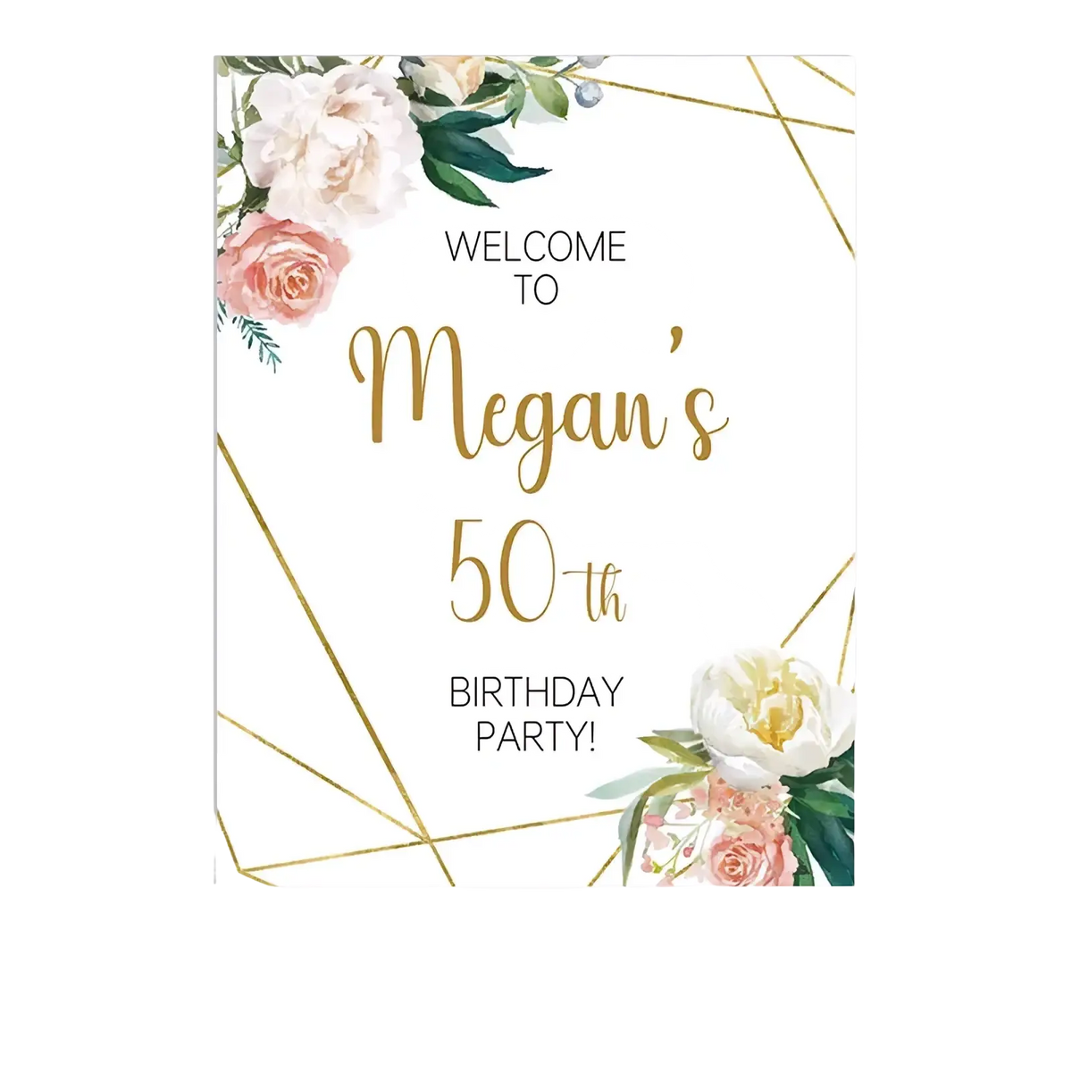 An elegant white custom baby shower welcome sign with pink cream flowers green leaves and gold geometric lines