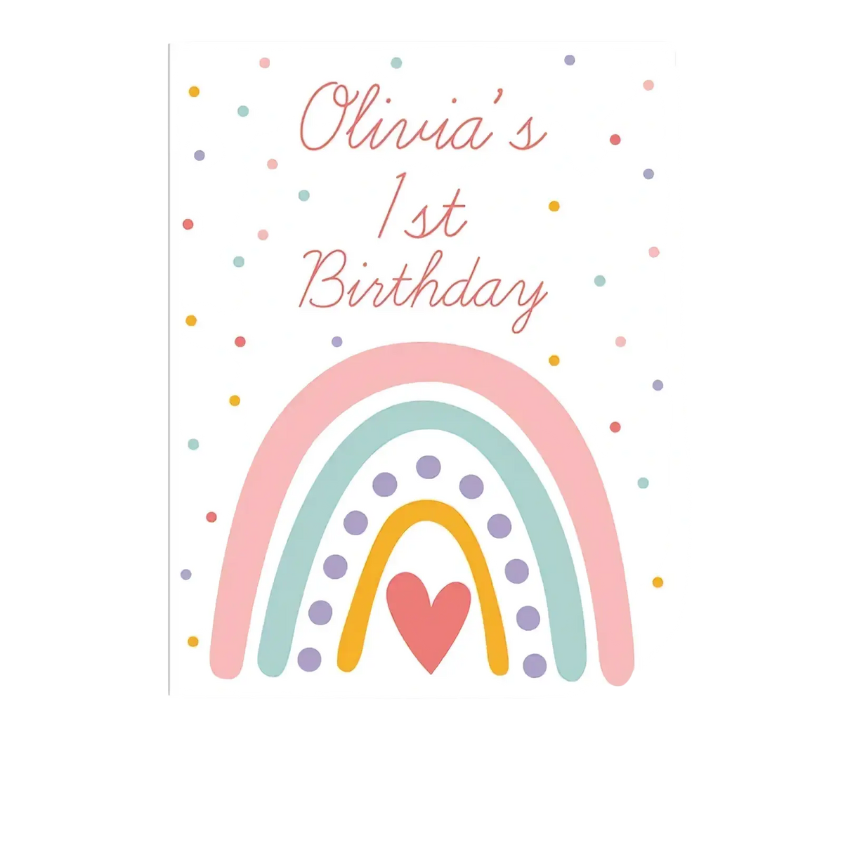 A pastel rainbow baby shower welcome sign featuring a pink heart and colorful confetti with coral script text