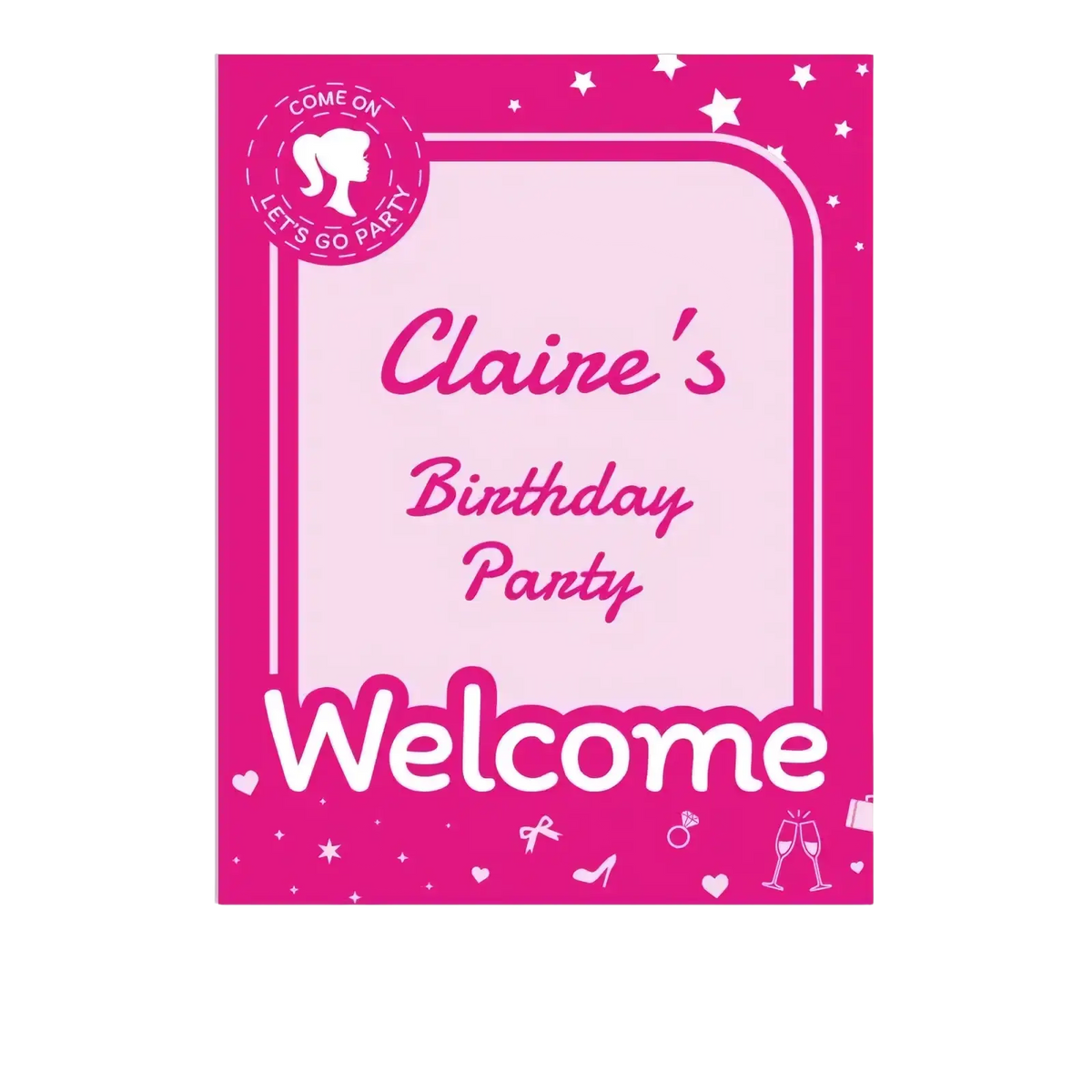 Custom baby shower welcome sign teddy bear decor pink barbie theme with white text stars hearts bows high heels rings champagne glasses