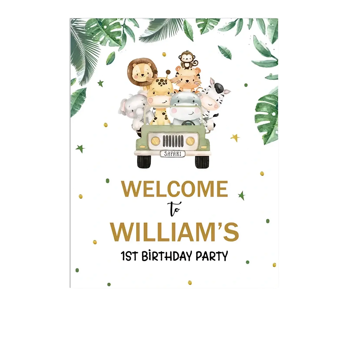 Custom baby shower welcome sign with safari theme green jeep cartoon animals tropical leaves and gold confetti design