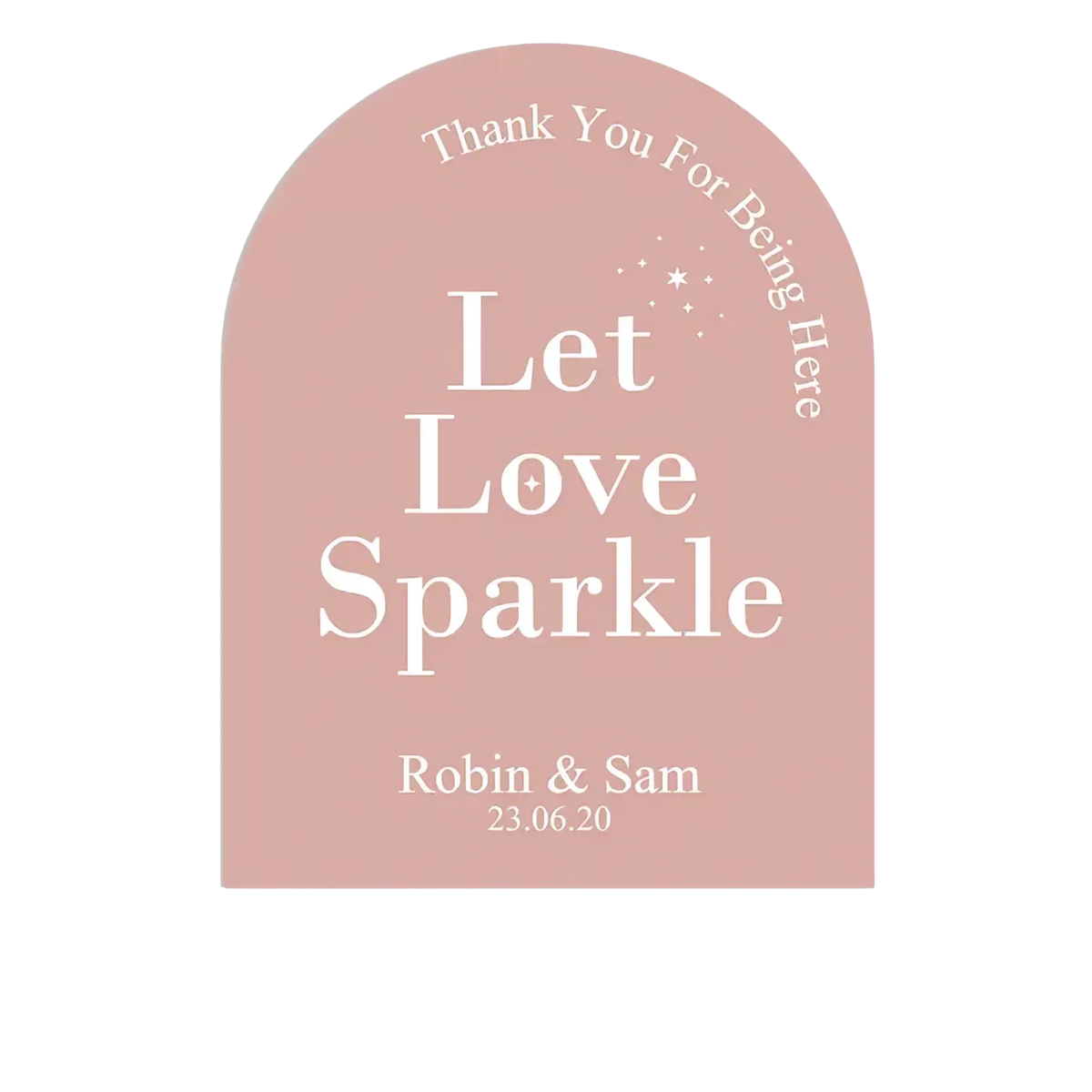A soft pink arched wedding sticker with white let love sparkle text and personalized names and date for guests