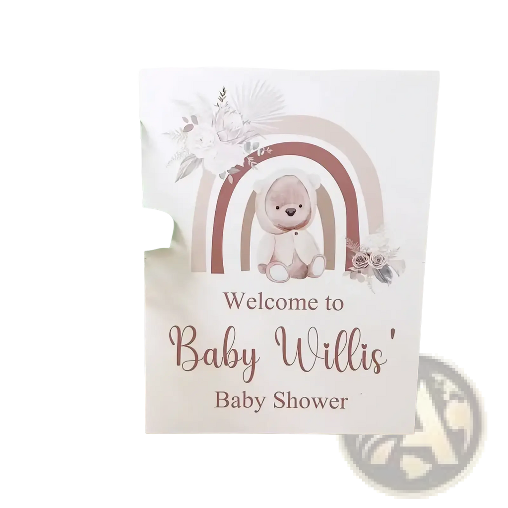 Custom baby shower welcome sign in soft pink and white watercolor style with teddy bear and floral accents