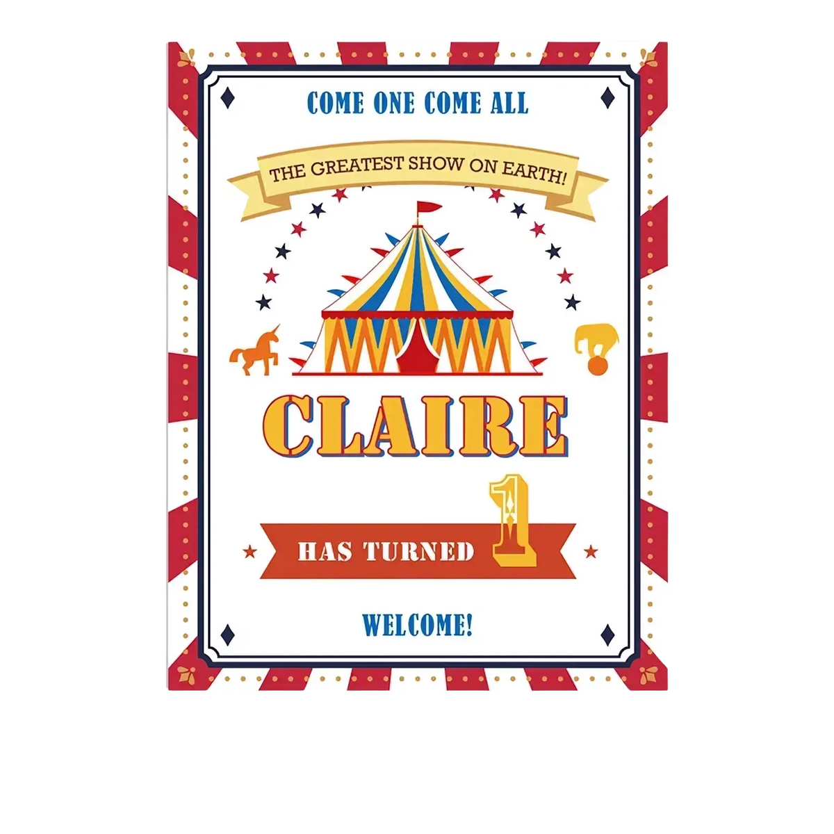 Custom baby shower welcome sign with vibrant red white and blue circus-themed design featuring big top tent and unicorns