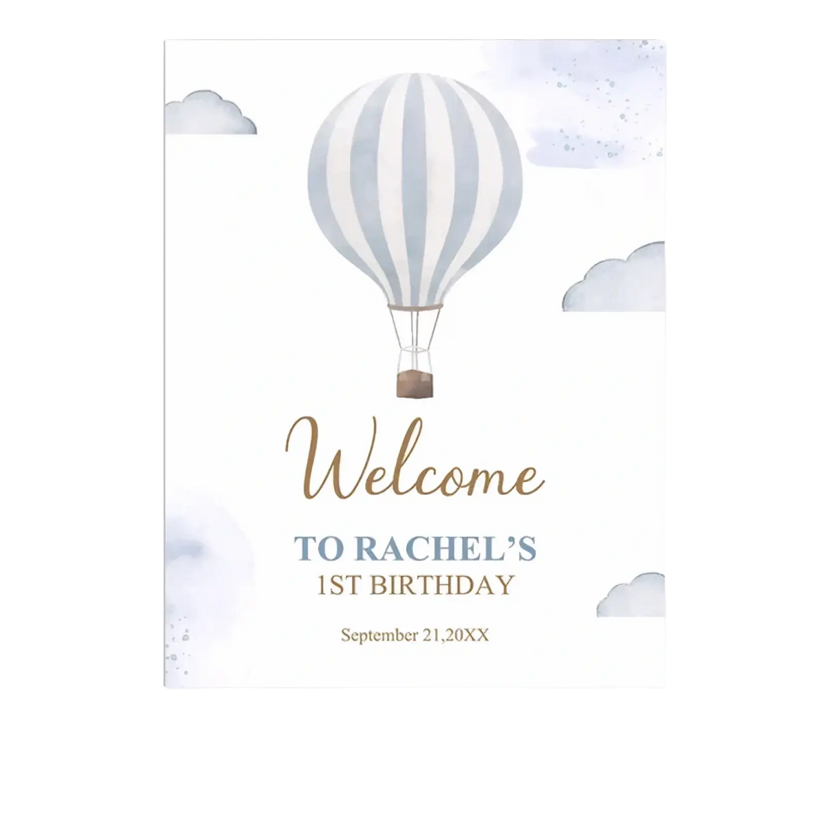 Custom baby shower welcome sign with a gray and white striped watercolor hot air balloon and teddy bear decor