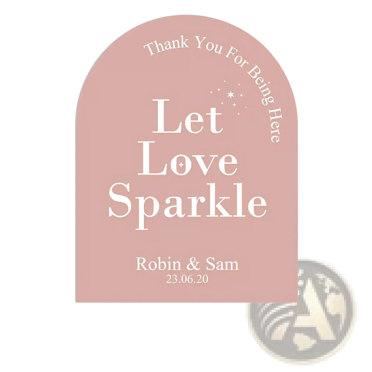 A soft pink arched wedding sticker with white let love sparkle text and personalized names and date for guests