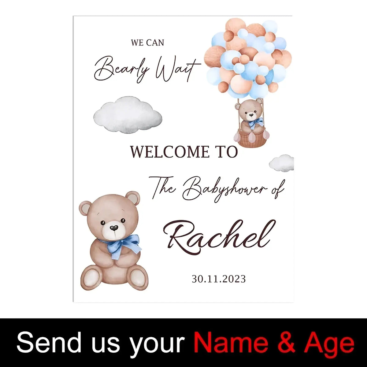A charming white custom baby shower welcome sign with watercolor teddy bears balloons and elegant cursive text for rachel