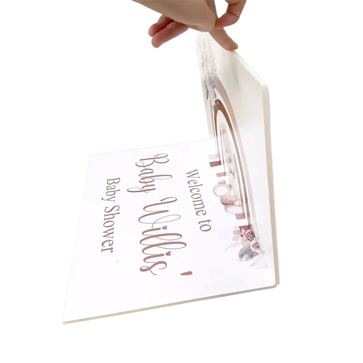 Custom baby shower welcome sign in white with rose gold cursive lettering and delicate floral illustration for teddy bear decor