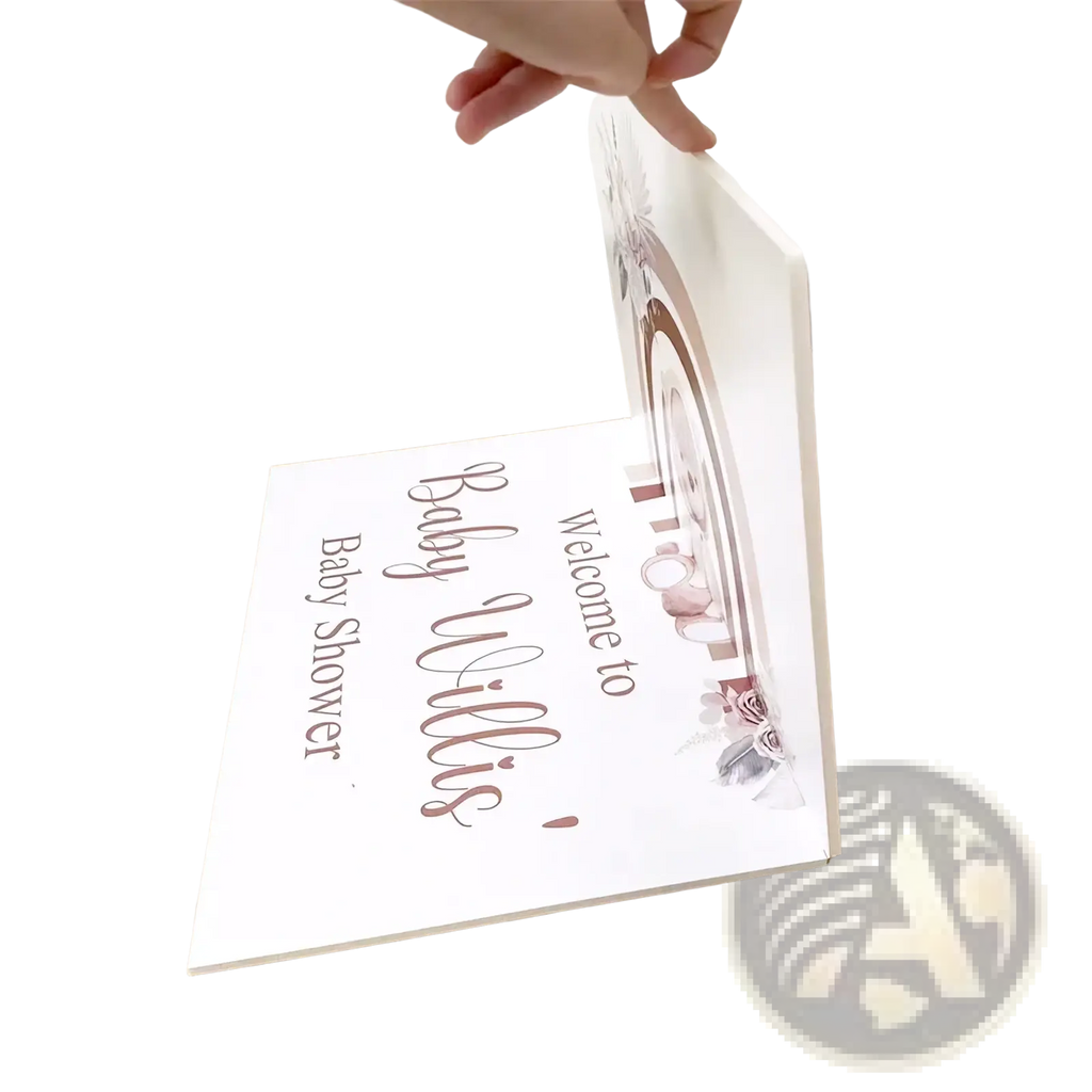 Custom baby shower welcome sign in white with rose gold cursive lettering and delicate floral illustration for teddy bear decor