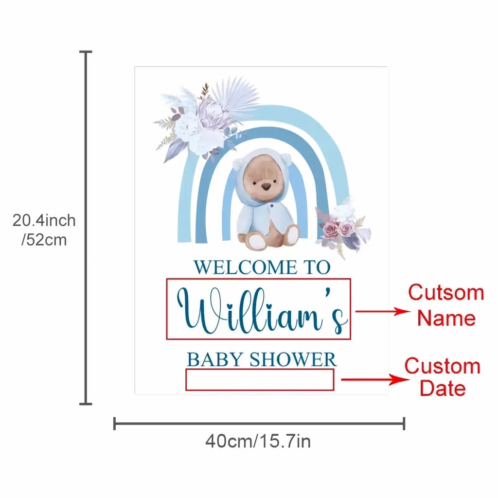 Custom baby shower welcome sign featuring a white background, soft blue teddy bear, pastel rainbow, and floral accents