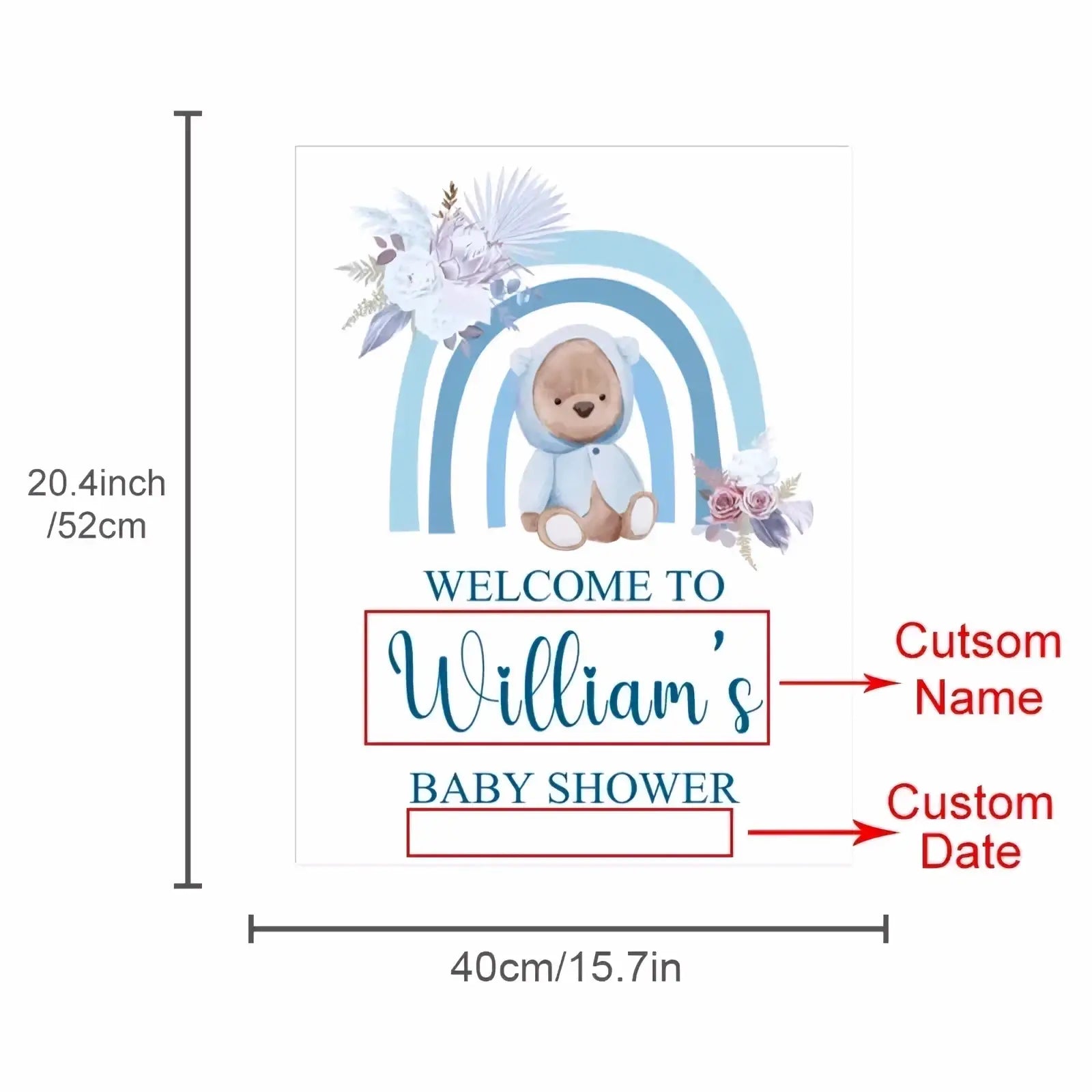 Custom baby shower welcome sign featuring a white background, soft blue teddy bear, pastel rainbow, and floral accents