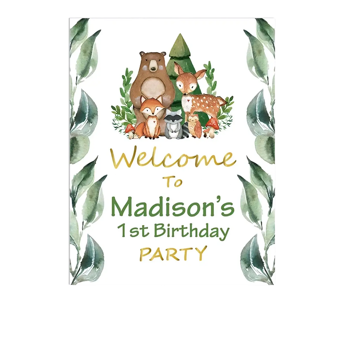 A custom baby shower welcome sign featuring a woodland teddy bear decor with watercolor forest animals and green foliage