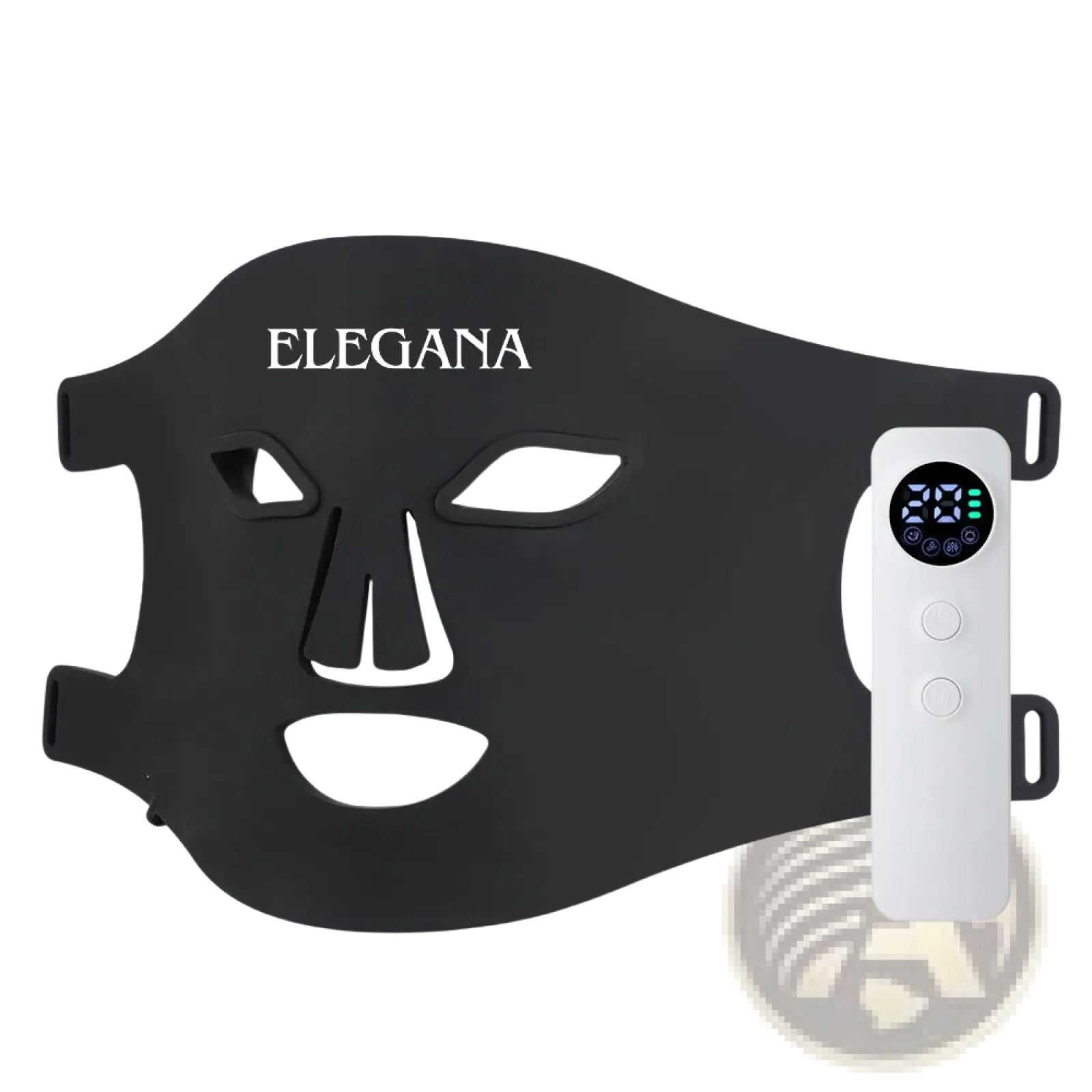 Black elegana facial mask with white cutouts and sleek white remote control for custom beauty treatment