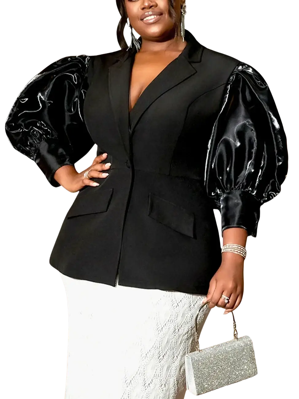 Custom black satin blazer featuring glossy puffy sleeves and a structured fit for a polished look