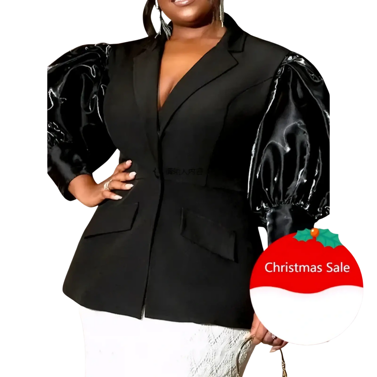 Custom black satin puff sleeve blazer featuring glossy puffed sleeves and a tailored fit for formal wear
