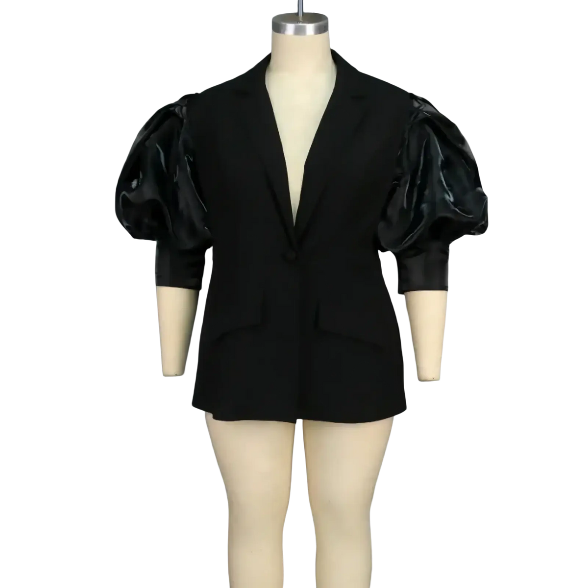 Custom black satin blazer with glossy puffy sleeves displayed on mannequin highlighting unique sleeve design