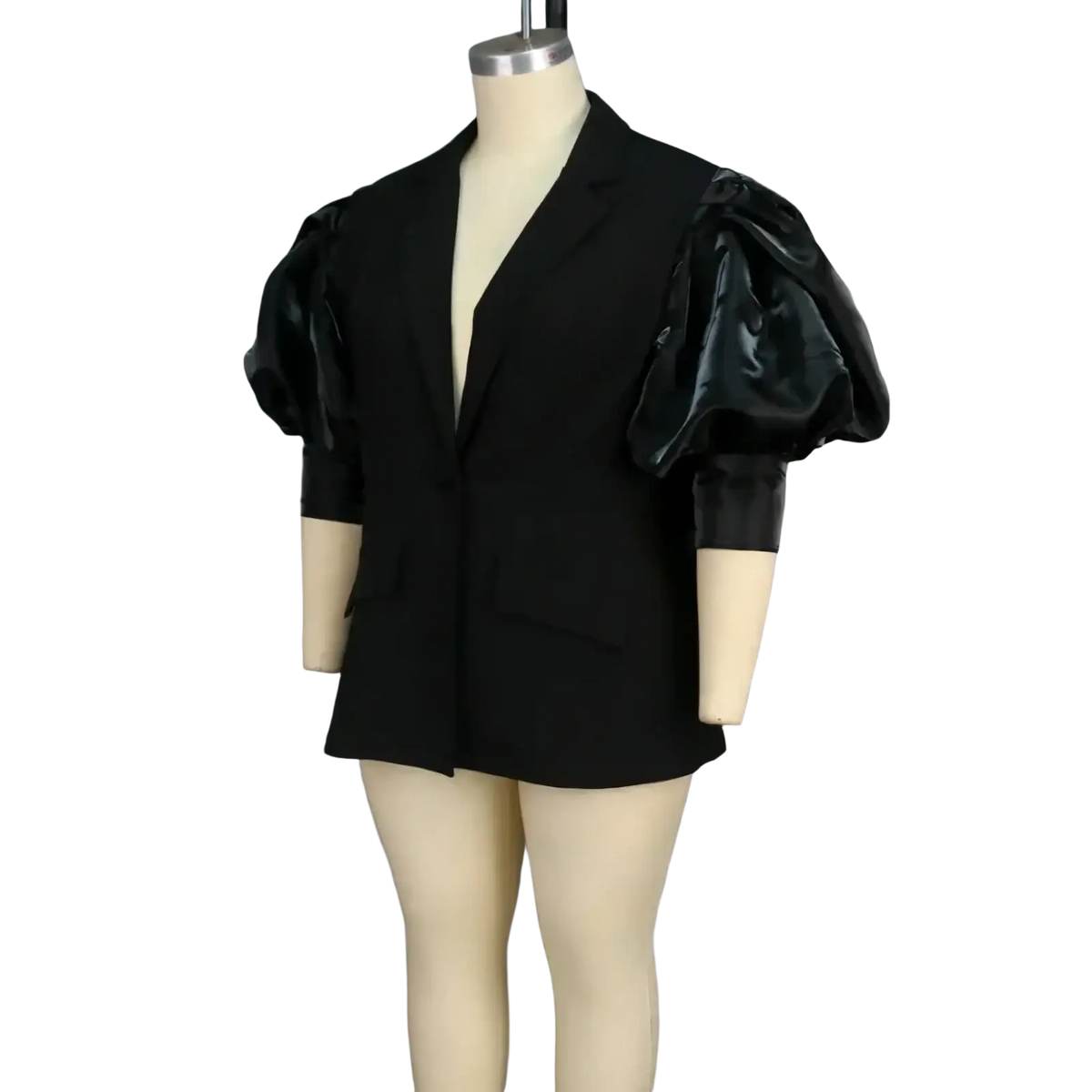 Custom black satin blazer with glossy puffy sleeves displayed on a mannequin for a stylish formal look