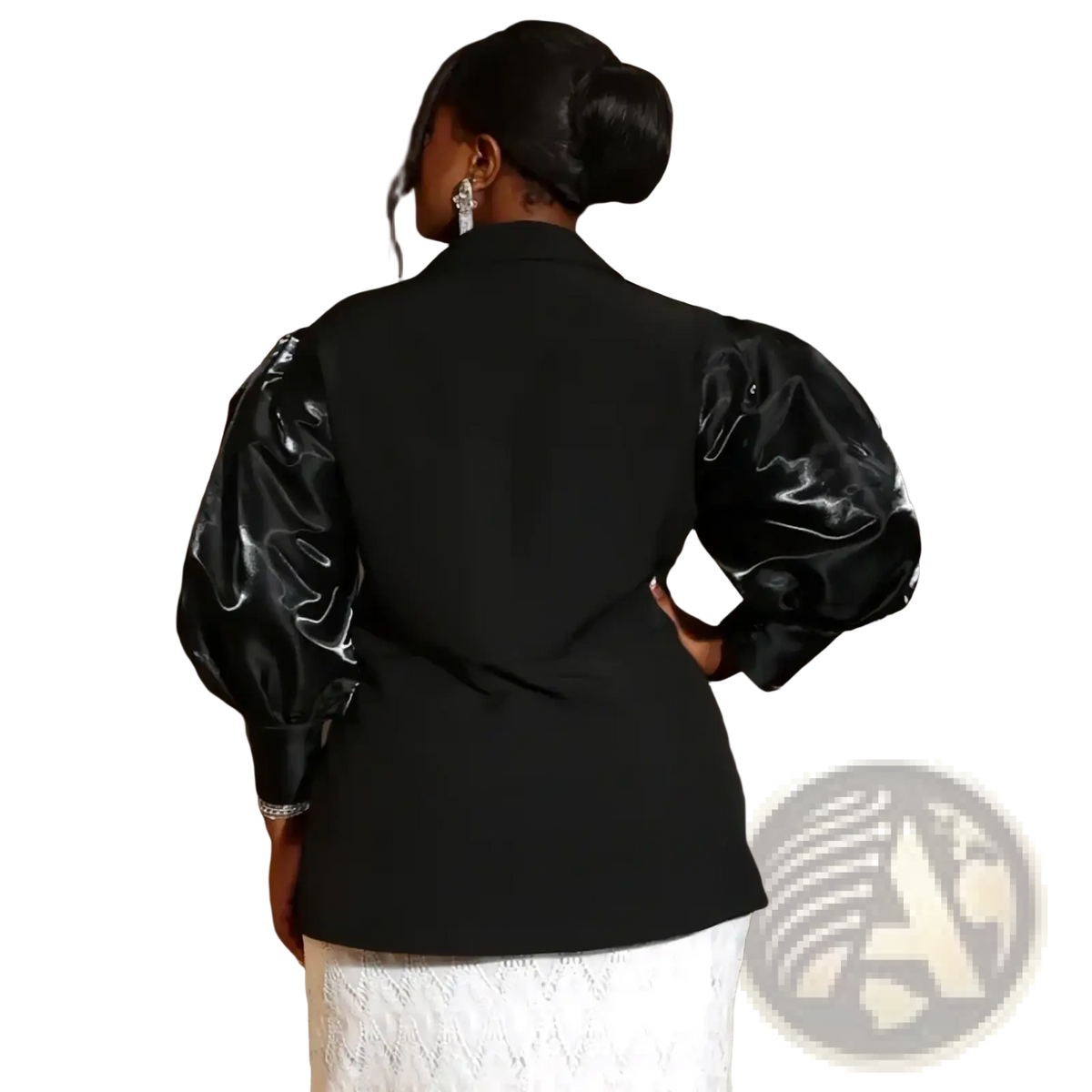 Custom black satin puff sleeve blazer featuring glossy satin puff sleeves for an elegant formal look