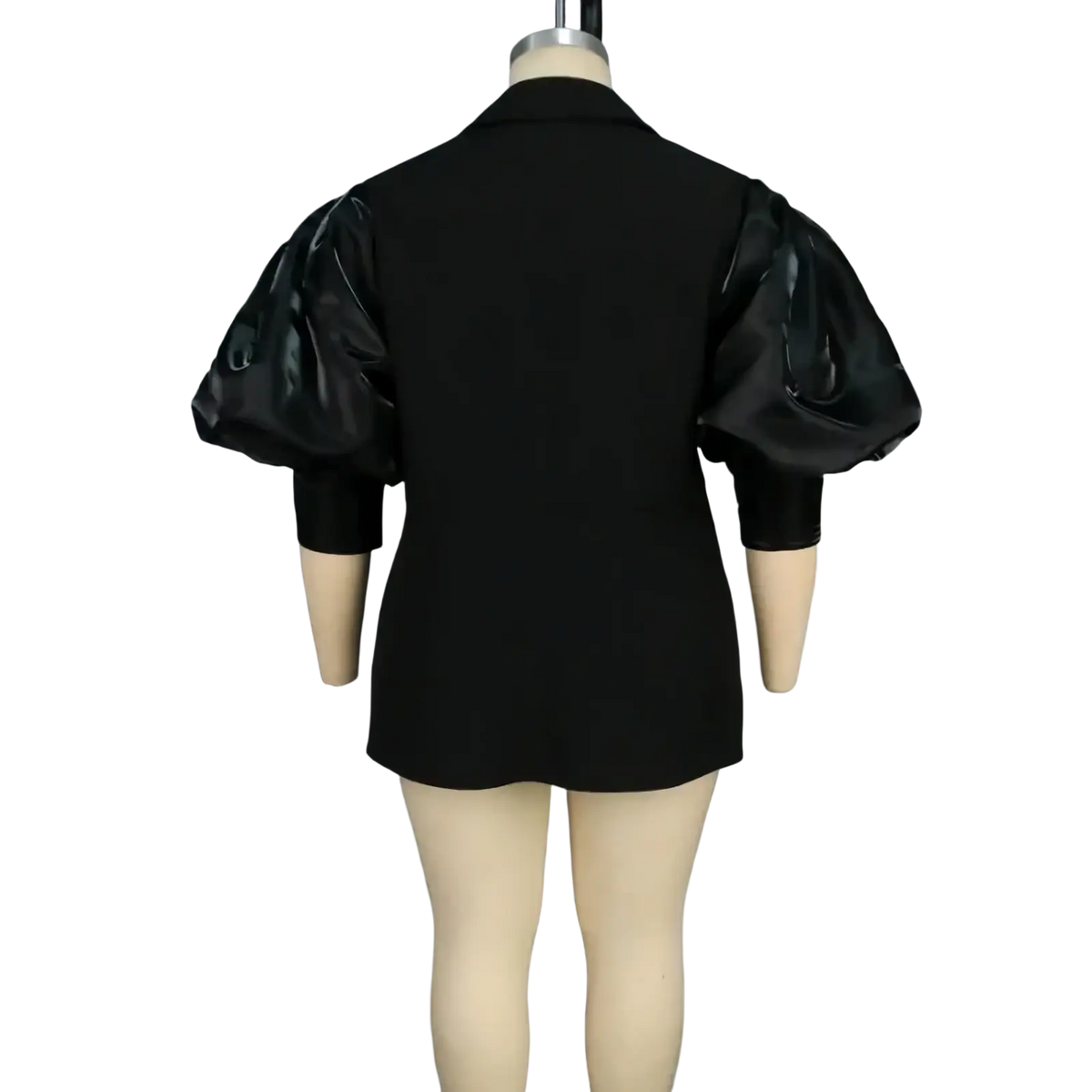 Custom black satin blazer featuring glossy puffy sleeves for a sophisticated and stylish look