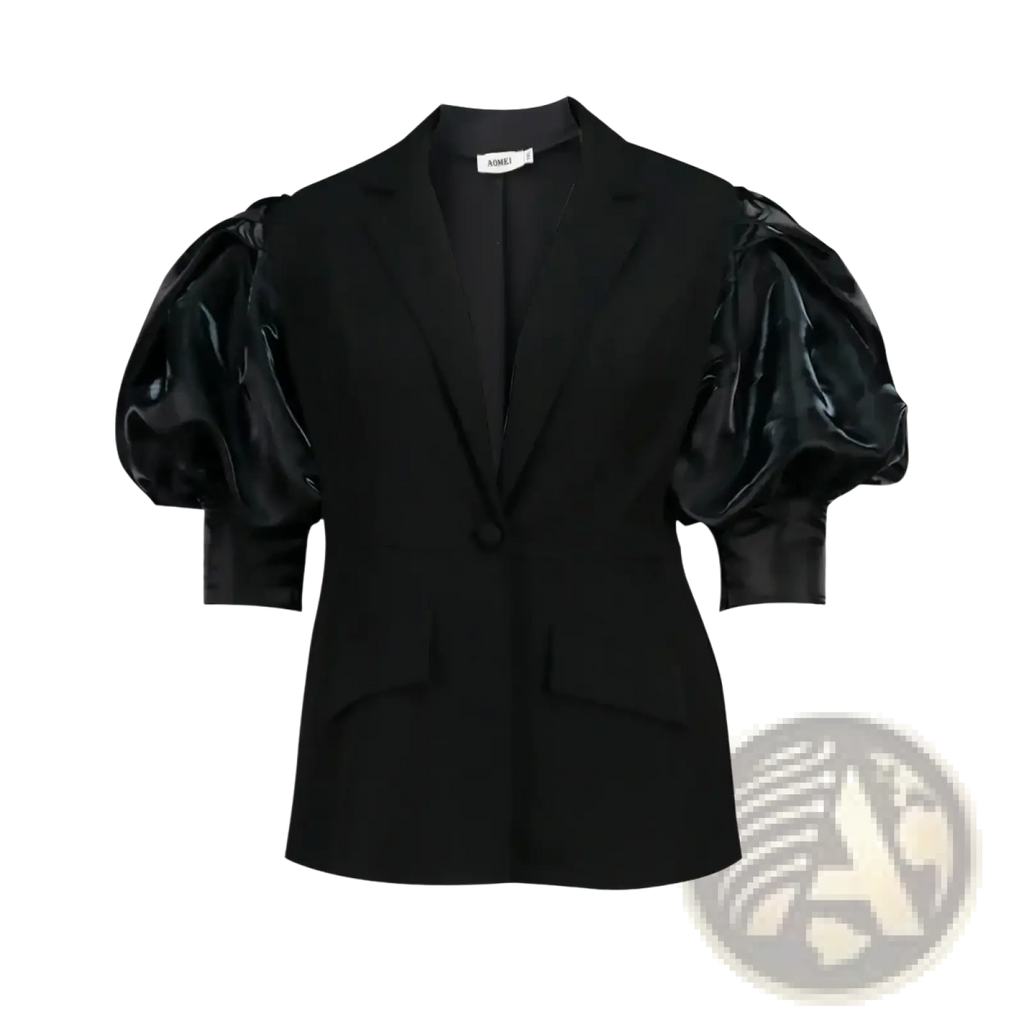 Custom black satin puff sleeve blazer featuring glossy puffed sleeves and a sleek tailored fit in black satin