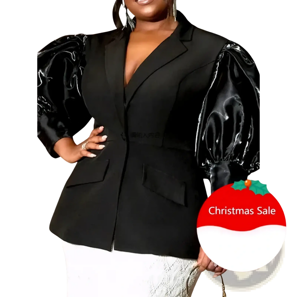 Custom black satin puff sleeve blazer featuring glossy puffed sleeves and a tailored fit for formal wear