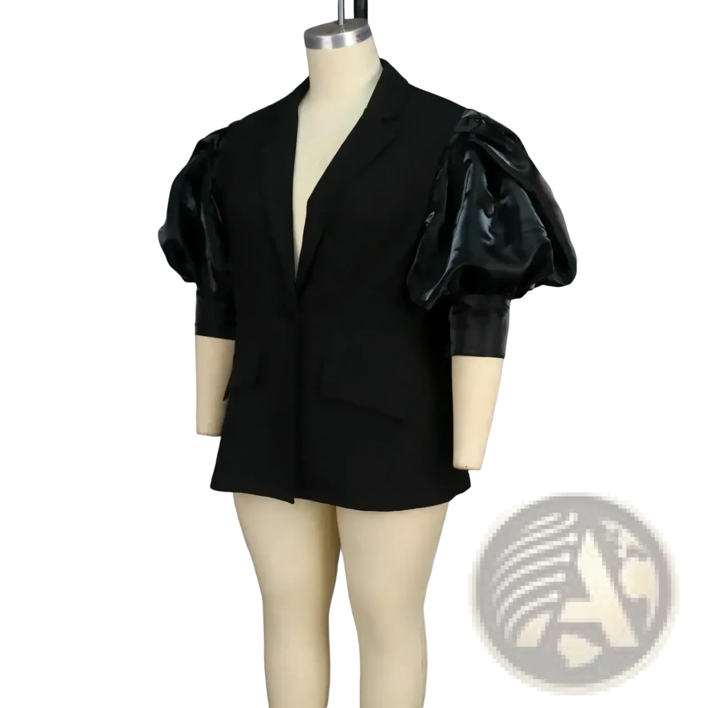 Custom black satin blazer with glossy puffy sleeves displayed on a mannequin for a stylish formal look