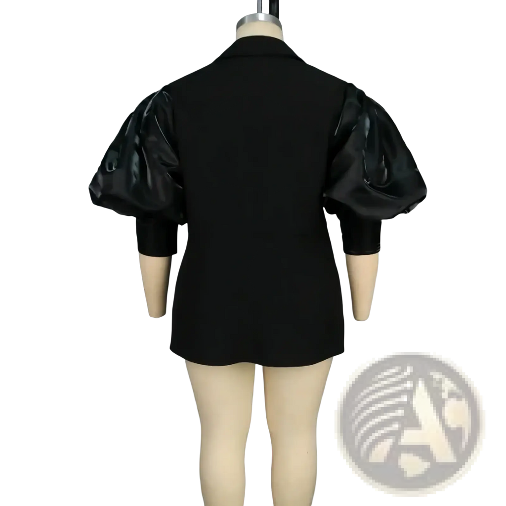 Custom black satin blazer featuring glossy puffy sleeves for a sophisticated and stylish look