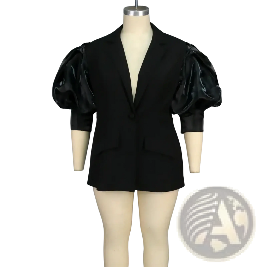 Custom black satin blazer with glossy puffy sleeves displayed on mannequin highlighting unique sleeve design