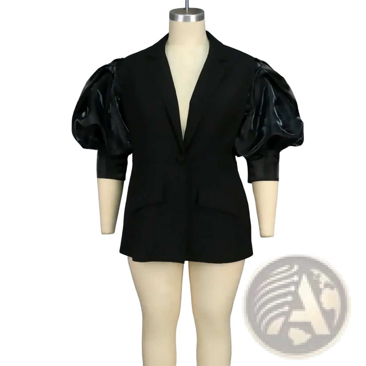 Custom black satin blazer with glossy puffy sleeves displayed on mannequin highlighting unique sleeve design